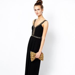 French Connection Black Maxi Dress Yellow Beading